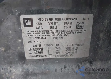 2018 Chevrolet Trax Lt из США, поврежденный, VIN KL7CJPSB4JB712645